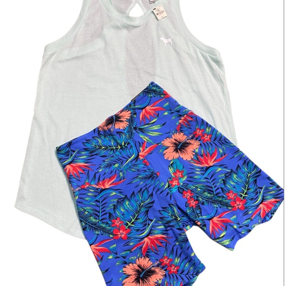 PINK Victoria’s Secret Floral Blue Athletic Shorts and Tank Top small NWT
